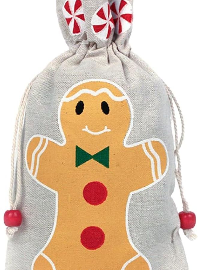 Christmas Candy Bags Set Of 10 Gingerbread Man Drawstring Pouches 13x23cm Cotton Fabric - Image 1